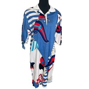 VTG LEONARD Paris‎ Nautical Flag Print Polo Dress Women's Preppy Coastal Grandma
